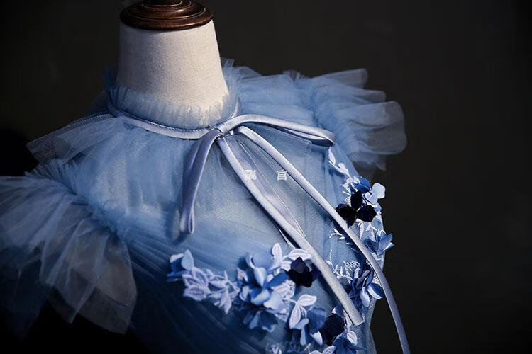 艺考礼服女独唱2021立领彩纱舞台演出服公主裙撑主持人晚长款蓝色烟灰