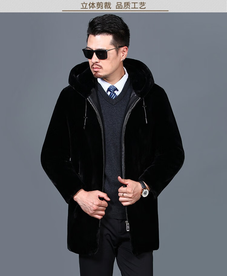 劲霸联名款商务高端冬季男士中长款连帽领保暖貂绒皮草外套貂绒大衣