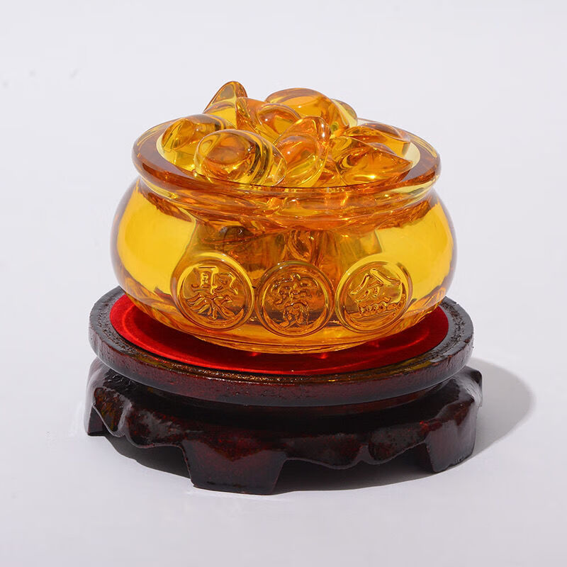 黄色水晶聚宝盆水晶琉璃摆件金元宝开业礼品八方来财现代家居摆件小号