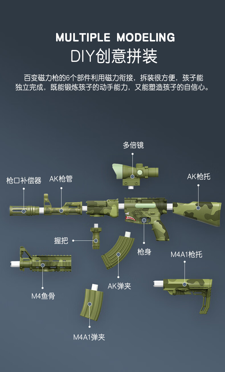 儿童电动声光m416玩具枪 百变拆装diy磁力拼装枪 冲锋枪男孩玩具 磁力