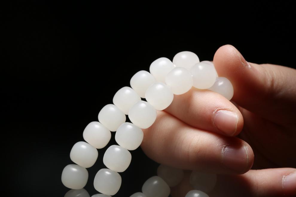桓缘洋 新疆天然和田玉老型珠手串女款羊脂白玉桶珠手链苹果珠玉珠串