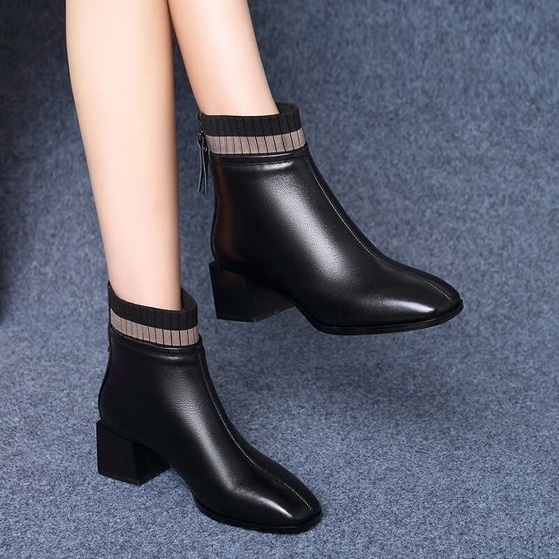 猫跟靴高品质中筒靴女秋冬加绒保暖马丁靴中跟粗跟女士棉靴子黑色单里