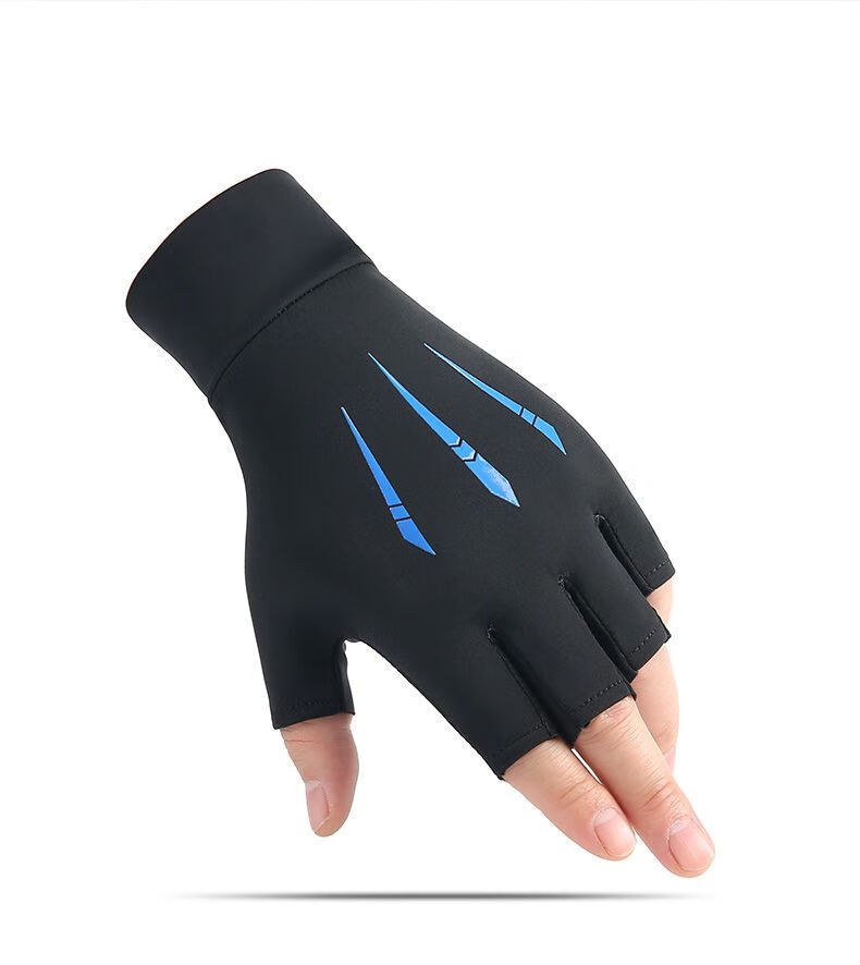 羽毛球手套春夏季薄款男女士冰丝开车骑行防晒露指半指路亚透气蓝色8