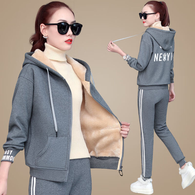绒加厚运动服冬季两件套女装红色连帽加绒加厚上衣裤子2xl建议115135