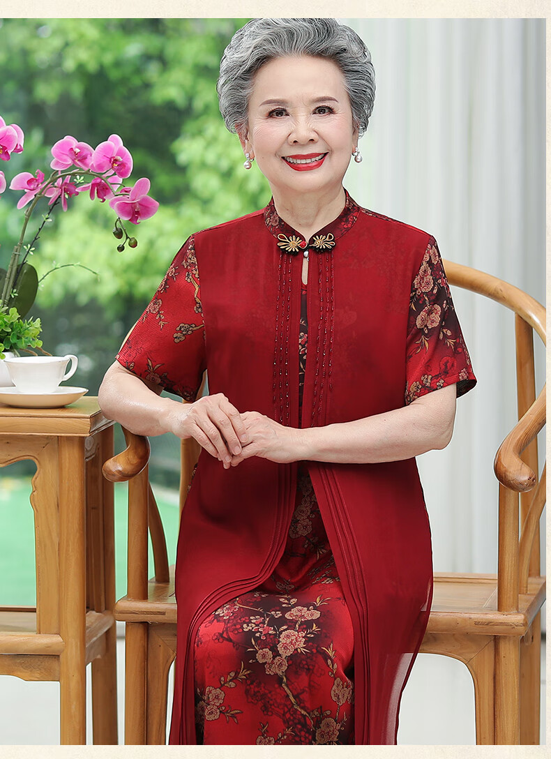 爱雅妈雅中老年女装妈妈装夏雪纺连衣裙60到80岁阔太太民族风过膝