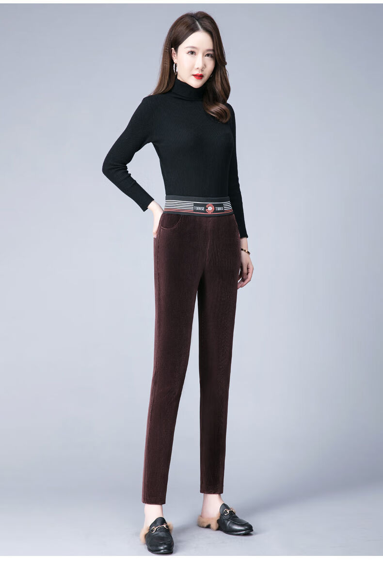 宽松显瘦休闲长裤条绒百搭直筒女裤藏蓝色冬季加绒9103xl建议135145斤