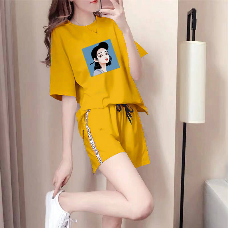 夏天短衣短裤女学生大码短袖休闲套装运动2021时尚宽松韩版初中生跑步