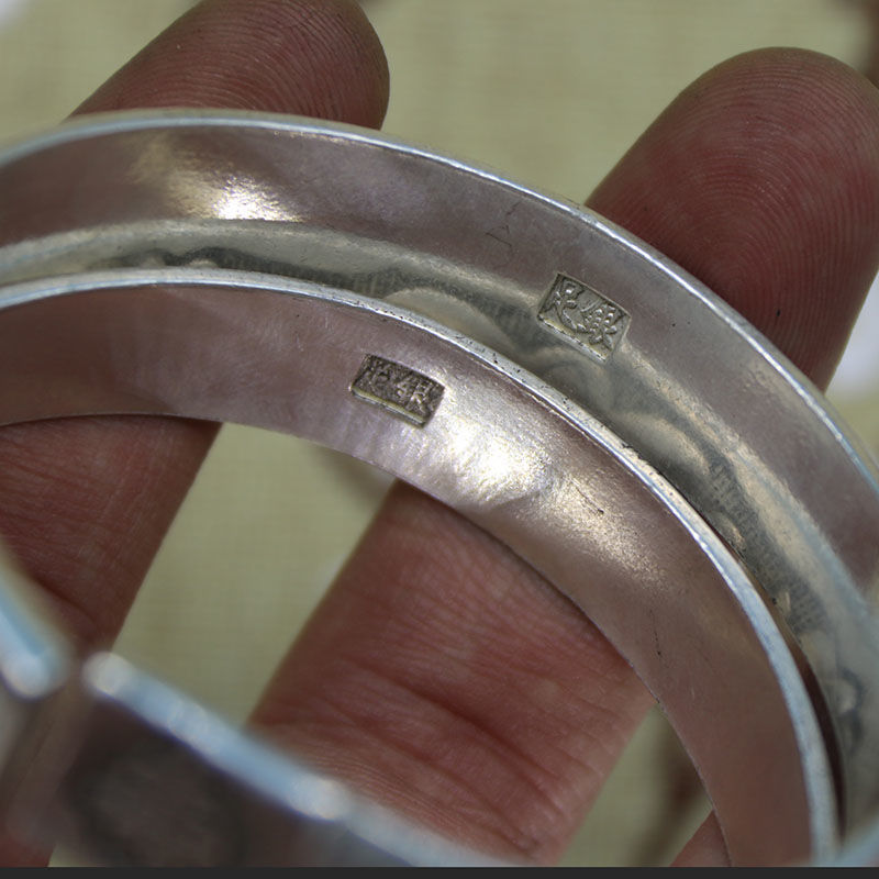 曲美思仿古玩银镯子一对民族风镯子手工苗银雕花福寿双鱼手镯复古手环