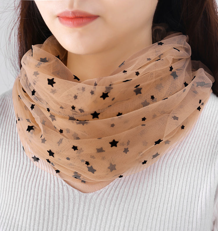 卡若登新品夏天围巾脖子薄款洋气星星丝巾女网纱蕾丝两圈套头防晒围脖