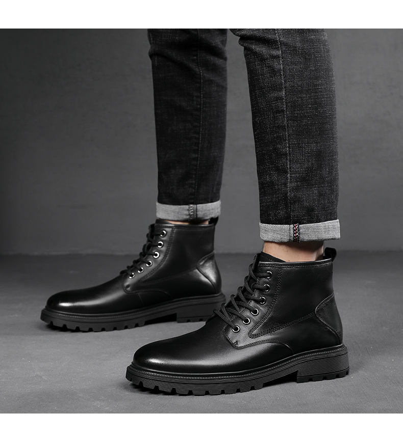 奥康男鞋马丁靴男牛皮高帮英伦风工装靴子男潮流百搭男士皮靴黑色38