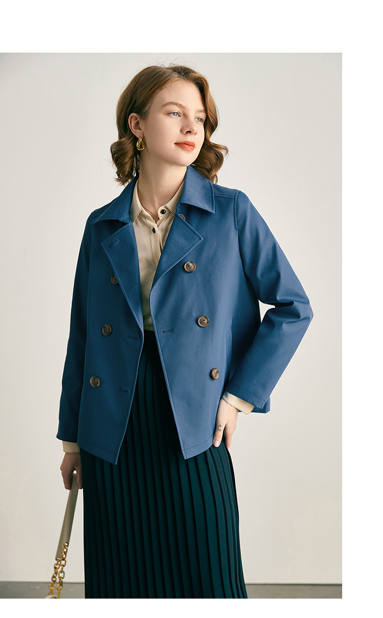 法曼萱深蓝色风衣女短款2022春新款气质时尚设计感简约小个子外套深