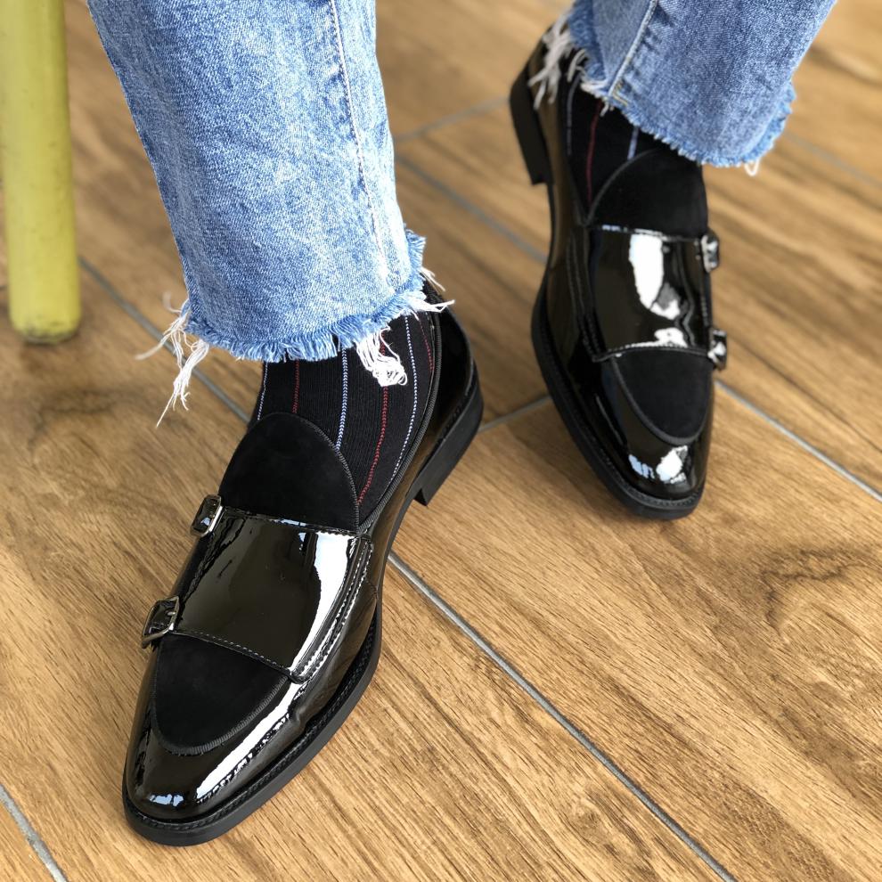 cl男士英伦风牛皮亮面透气孟克鞋乐福鞋男士正装皮鞋 亮面黑 39