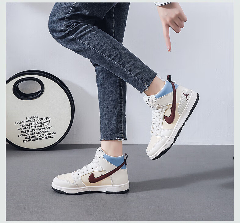 aj·女鞋飞人高·帮秋冬季运动鞋结婚初中学生轻便板鞋女聨名同款 米