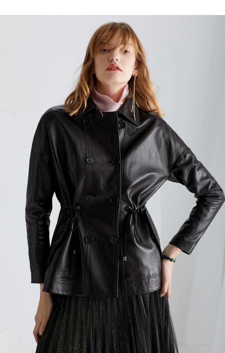 insun恩裳春季新款时尚抽绳收腰修身潮流羊皮皮衣皮衣外套女黑色38m