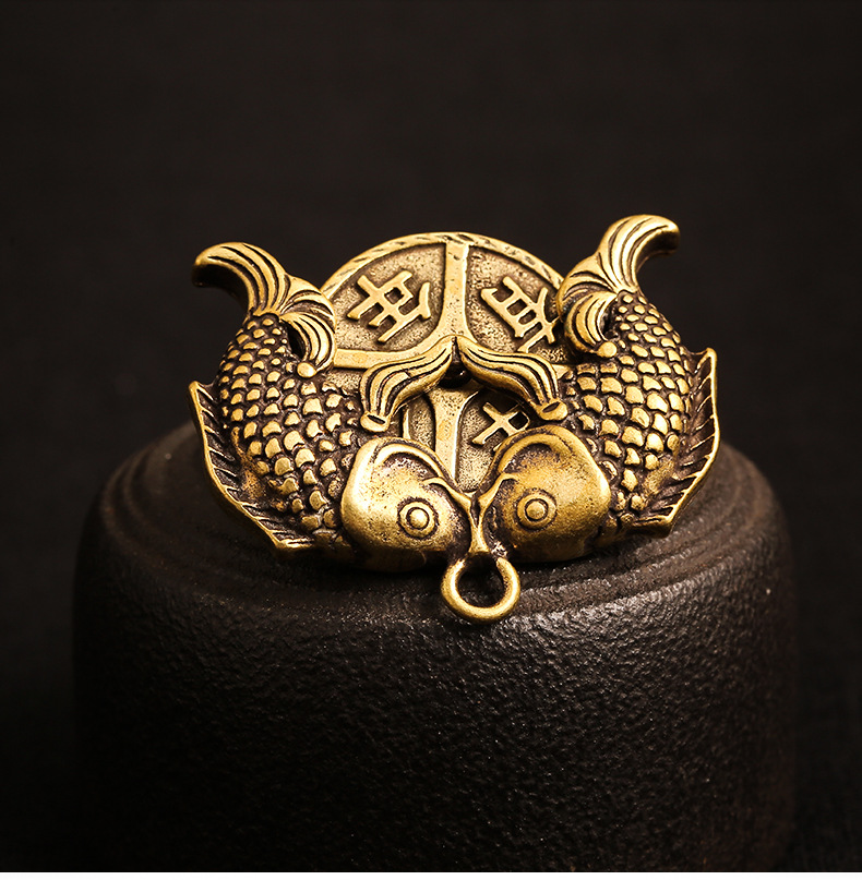 静元阁 纯铜双鱼钥匙扣挂件复古黄铜年年有余吊坠挂饰创意挂饰 年年有