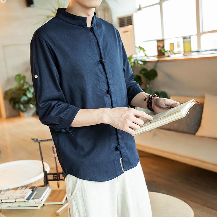 春夏风男装亚麻七分袖衬衫宽松大码中式立领盘扣短袖棉麻上衣藏青色m