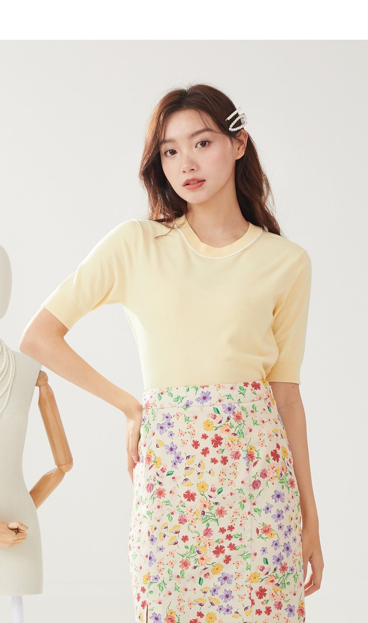 eland衣恋官方集团依恋女装早春季衣服上衣圆领纯色短袖针织衫女通勤