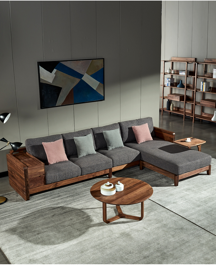 l型客厅小户型木加布2021年新款实木中式 北美胡桃木转角沙发 组合