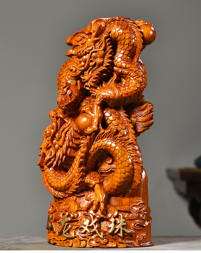 思古 木雕龙摆件实木家居客厅办公室桌面双龙戏珠送礼装饰龙雕刻工艺