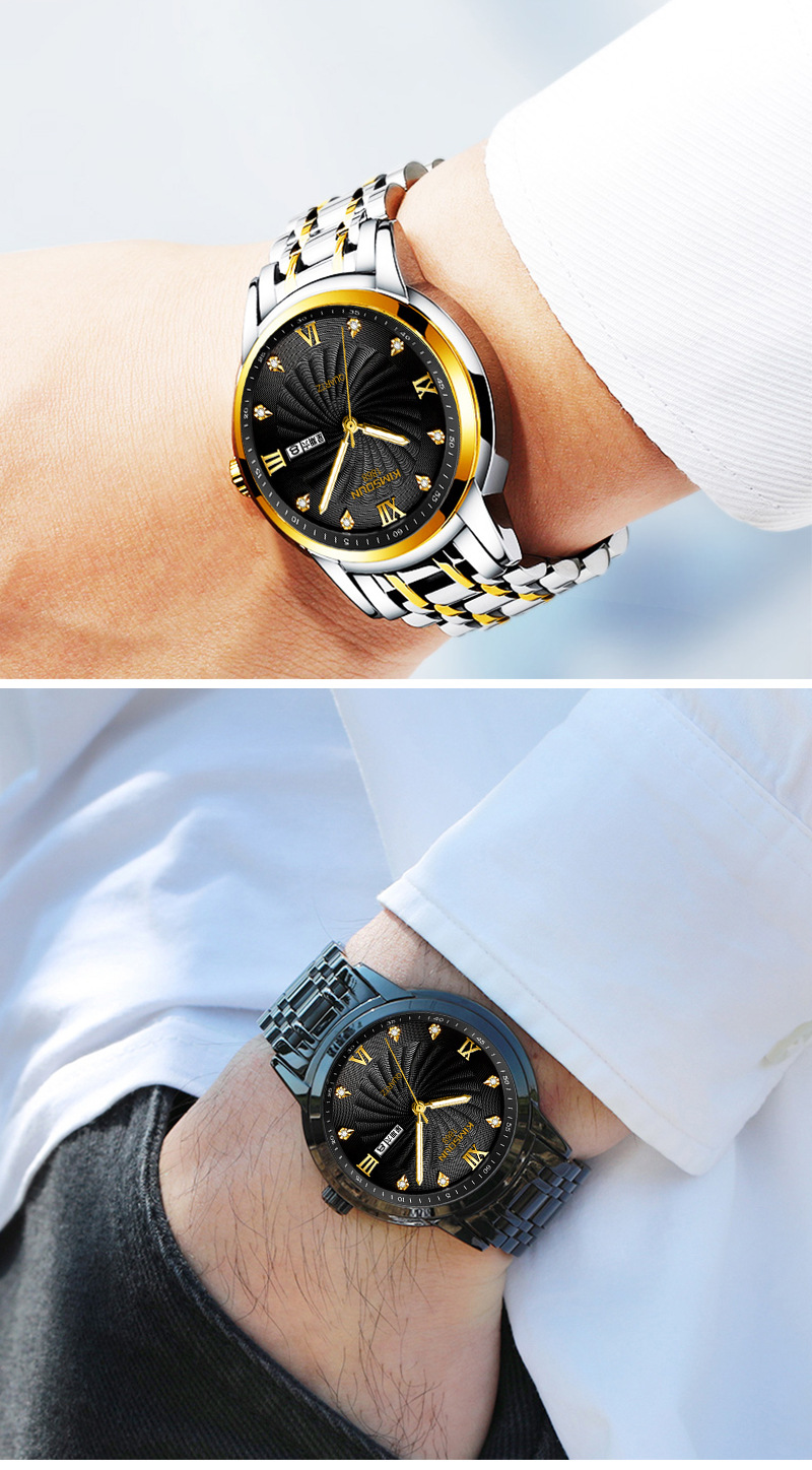 【准新品】金诗顿品牌精钢带时尚镶钻夜光双历手表男士时尚休闲石英