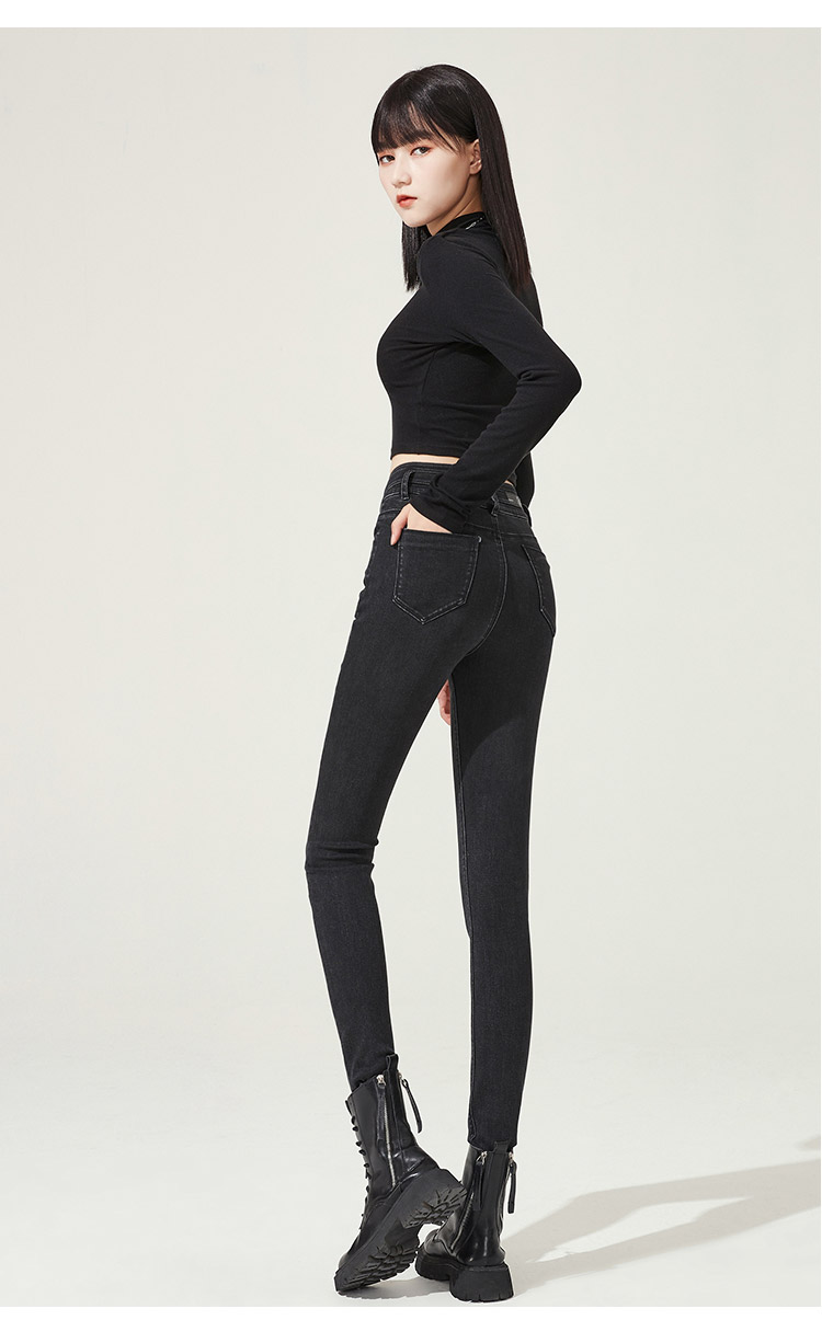 逸阳高腰牛仔裤女2021年秋冬紧身显瘦烟灰色加绒小脚铅笔裤4512冬季50