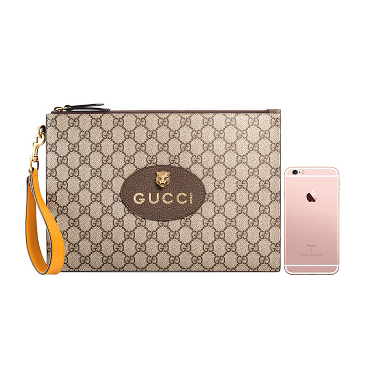 gucci古驰男士手拿包gg虎头印花手拿包520礼物虎年本命年礼物棕色