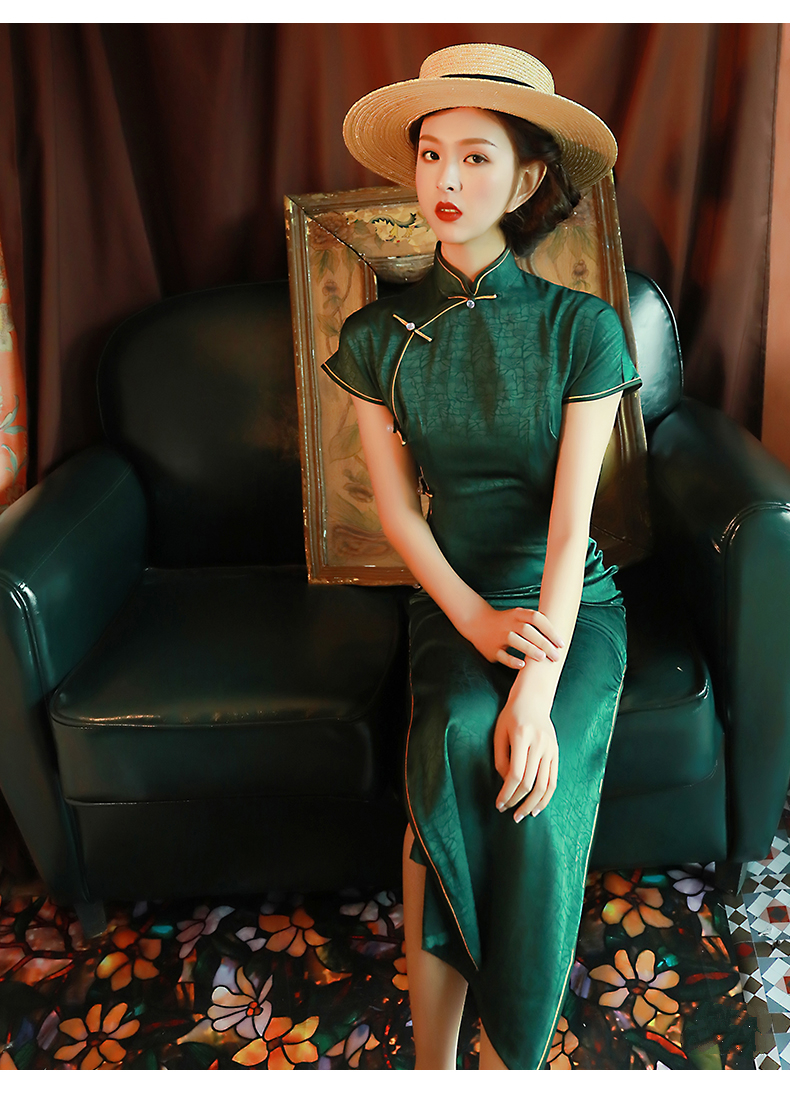 mlcriyg旗袍女品牌高端女装绿色修身高开叉长款女复古中国风老上海