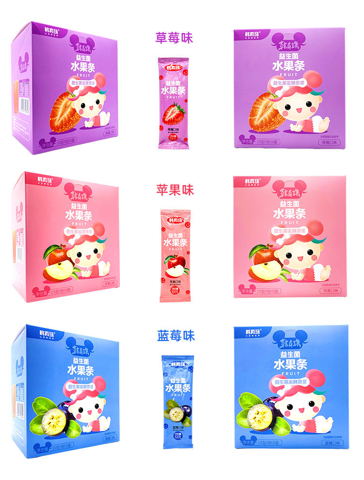 韩真珠30条盒益生菌水果条草莓苹果蓝莓多口味宝宝儿童休闲零食苹果