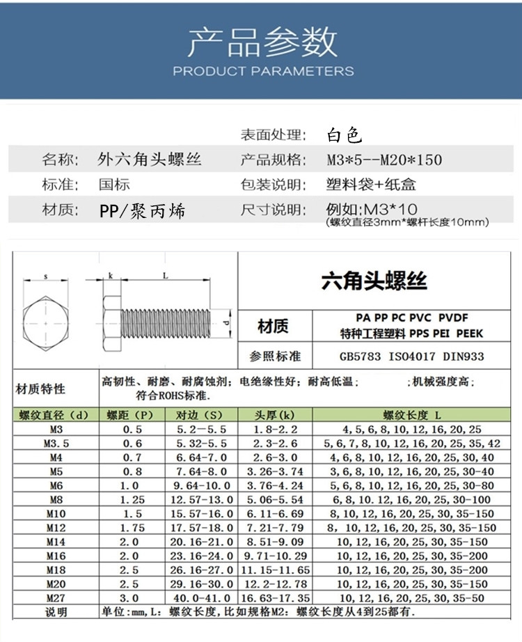 聚丙烯m3 m4 m5 m6 m8外六角绝缘pp螺丝 耐酸碱耐腐蚀pp塑料螺丝 m8*