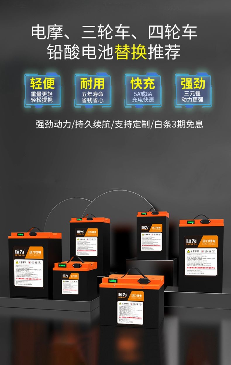 hanvol恒为锂电池电动车60v铝电瓶外卖车摩托三轮车专用三元锂电池60v