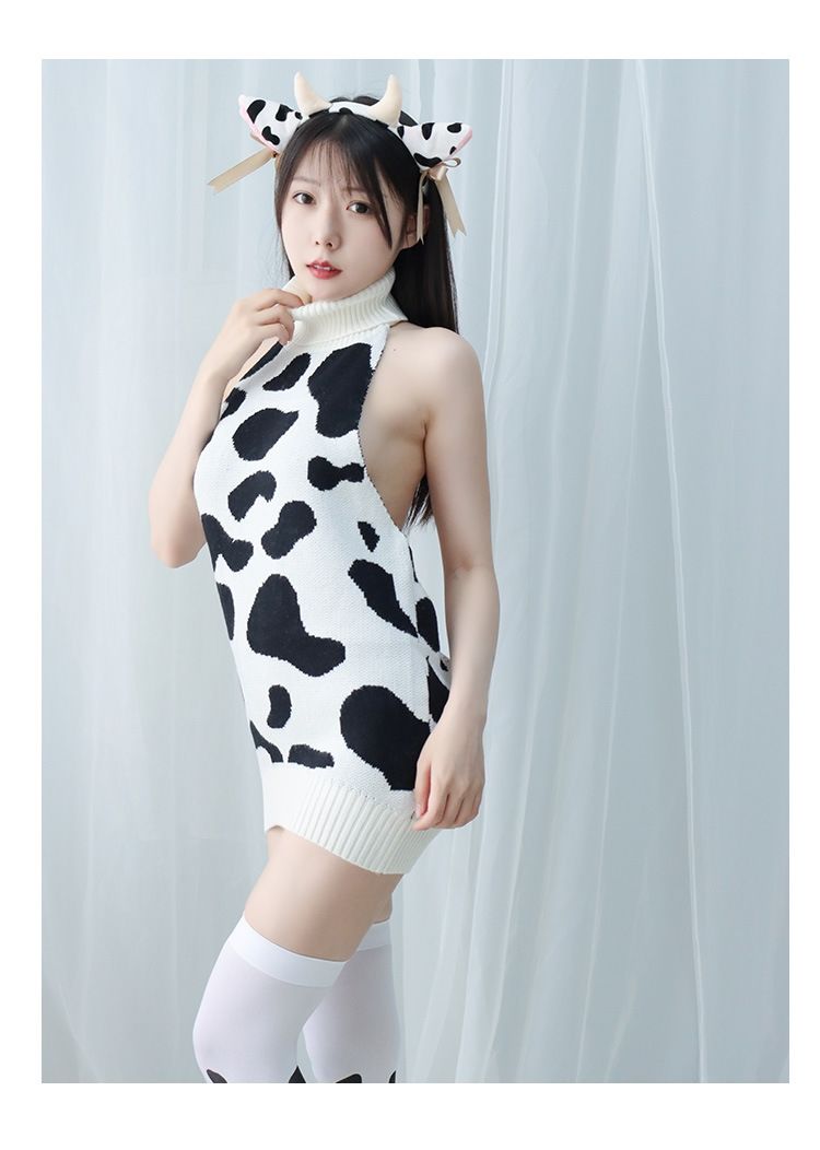 mgyr奶牛情趣日系奶牛高领大露背毛衣制服情趣中长款性感私房写真灰色