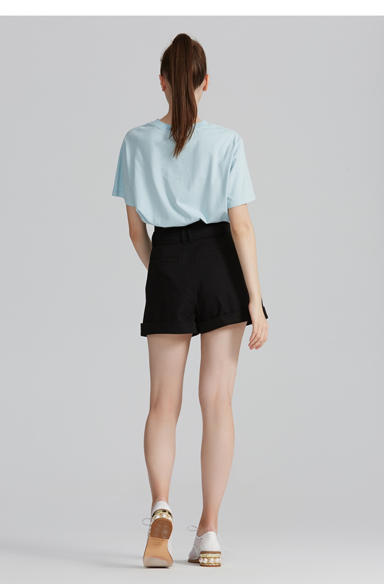 five plus新款女装高腰裤子女宽松a字阔腿裤休闲短裤潮纯色chic 黑色