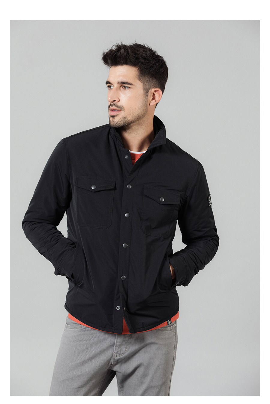 卡星登(kaxingdeng)轻奢男装简约秋冬新款短款棉衣手臂logo休闲棉服男