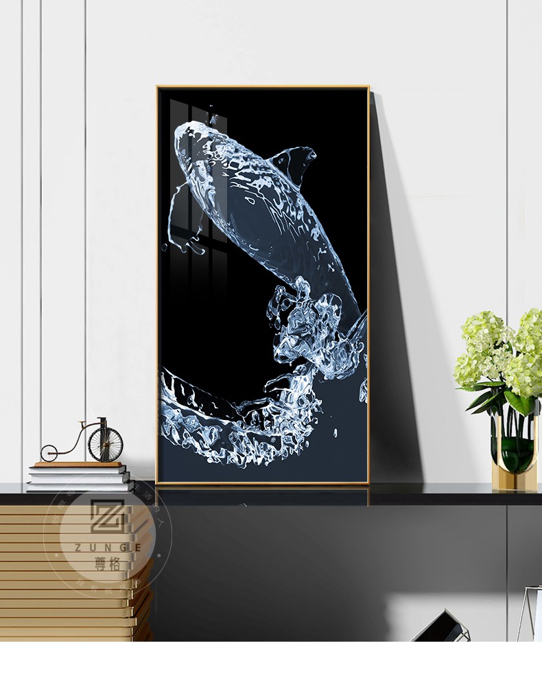 鲸鱼玄关装饰画现代玄关装饰画鲸鱼艺术水走廊尽头挂画黑白鲸落画 如
