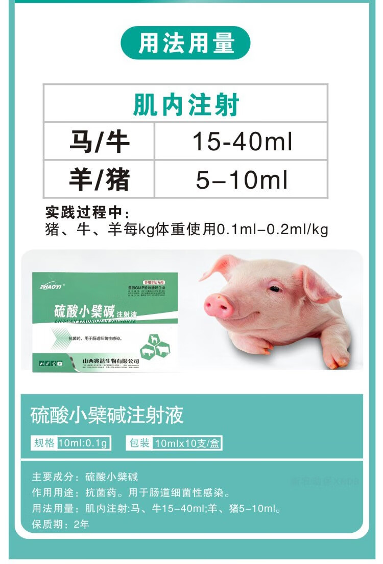 兽用兽药硫酸小檗碱注射液猪羊黄连素针剂肠道感染腹泻止痢拉稀药10盒