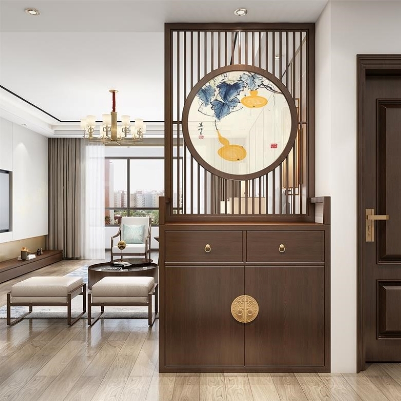 锦绣隆和新中式实木屏风隔断客厅镂空装饰现代家用入户玄关柜02款胡桃