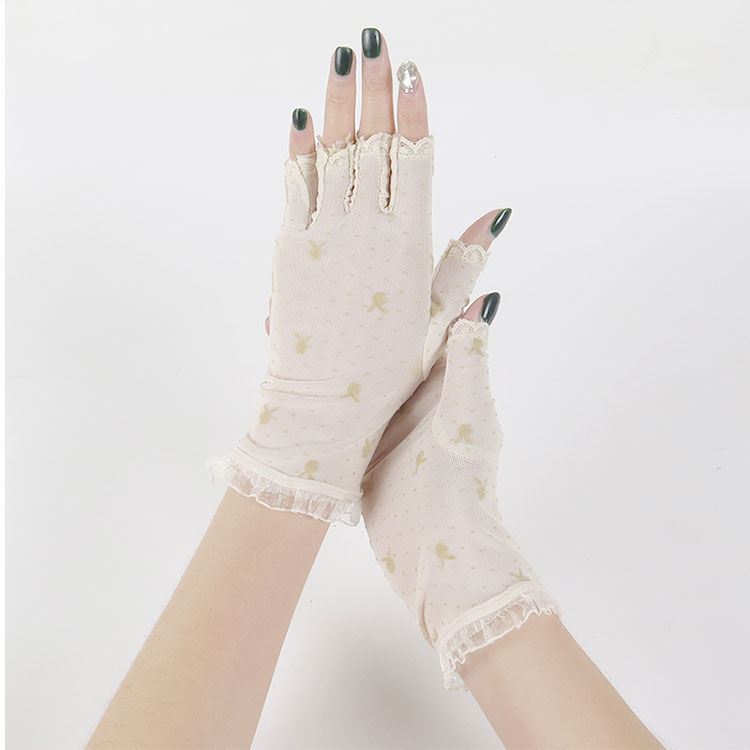 蕾丝防晒手套夏季短款女士弹力冰丝薄款半指手套开车遮疤痕盖纹身灰色