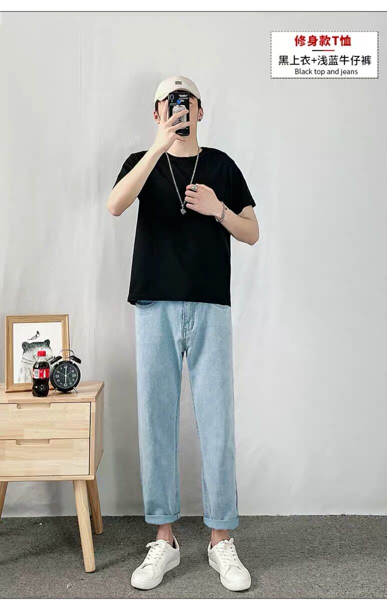 2021夏季男士短袖t恤韩版潮流衣服痞帅气九分牛仔裤男搭配一套装
