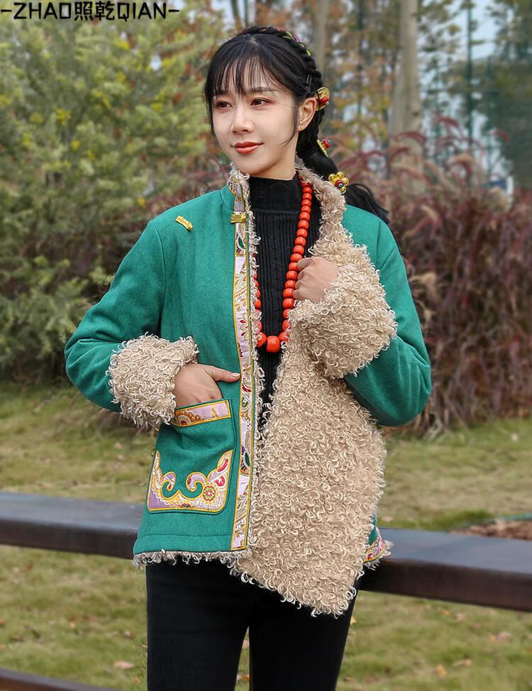照乾藏族服装冬季冬天穿的藏式外套女西藏袍绣花长绒保暖藏装上衣拉萨