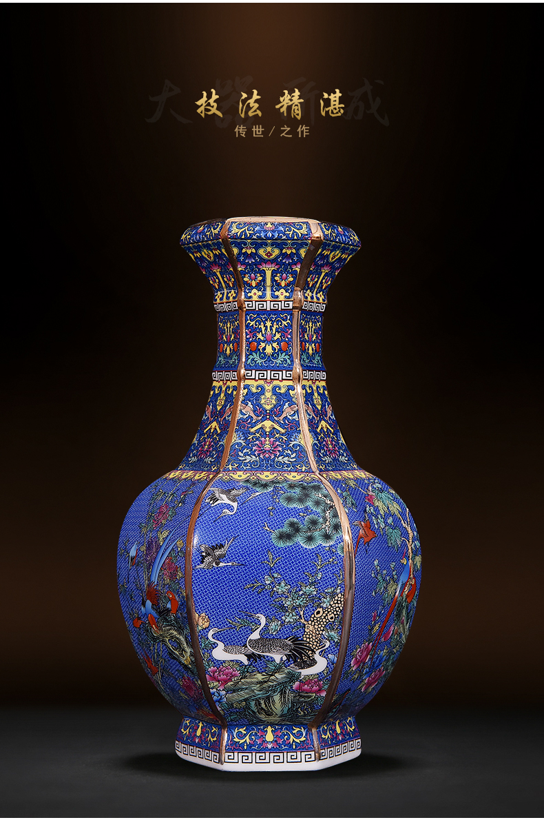 古典客厅玄关装饰工艺品摆件开业礼物小号仿古蓝色珐琅彩六方瓶高26cm