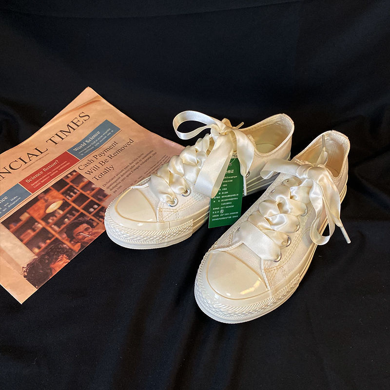 仙女丝带小白鞋女新款春夏韩版学生百搭网红神仙帆布鞋女仙女丝带高帮