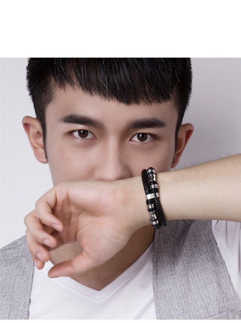法蔻(farcoko)轻奢时尚品牌韩版牛皮编织男士手链时尚钛钢手链男饰品