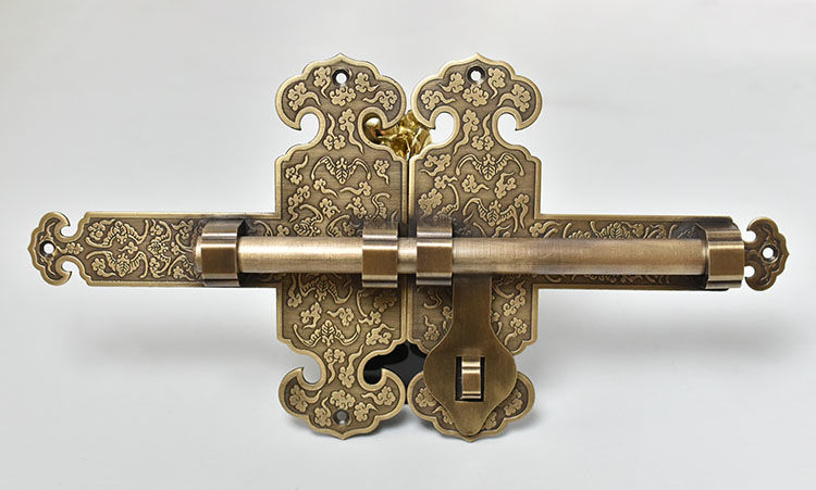 仿古铜门栓中式庭院花园大门插销老式铜门扣门锁复古明装门闩 带花