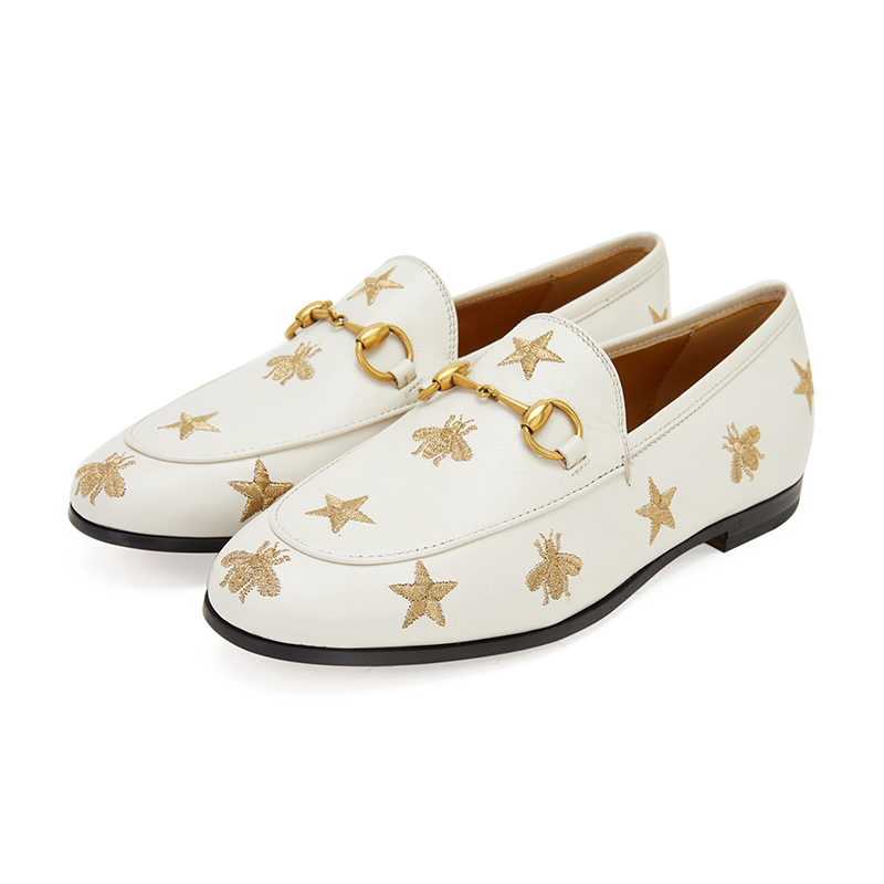 古驰gucci 女士gucci jordaan系列黑色牛皮蜜蜂星星刺绣皮革乐福鞋