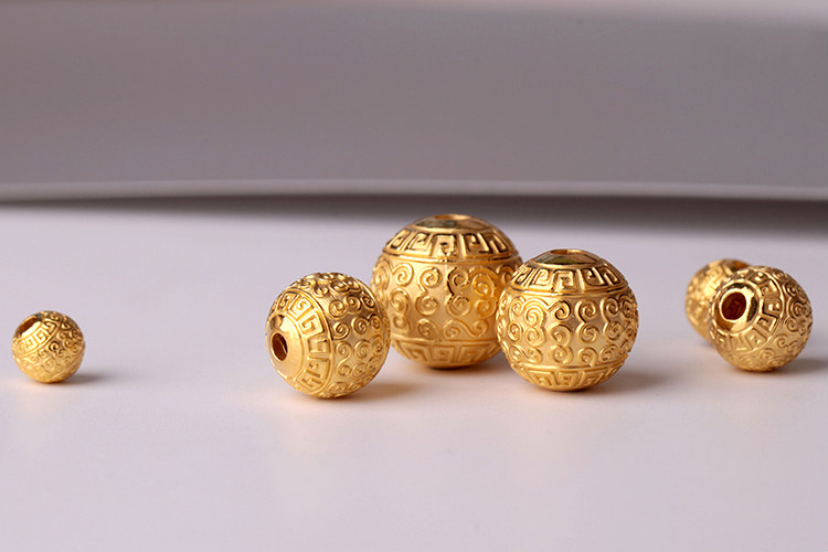 钰帛工坊黄金3d硬金圆珠复古云纹回纹8mm10mm祥云珠子金珠子105mm086g