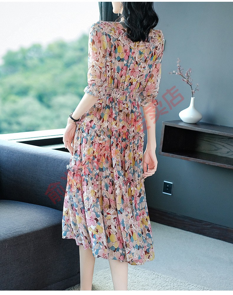 桑蚕丝连衣裙花卉碎花裙子v领收腰夏季真丝长裙时尚女装 花色 m品牌