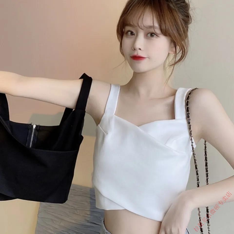 女士辣妹上衣服设计感夏季韩版修身显瘦两穿抹胸打底学生白色s6080斤