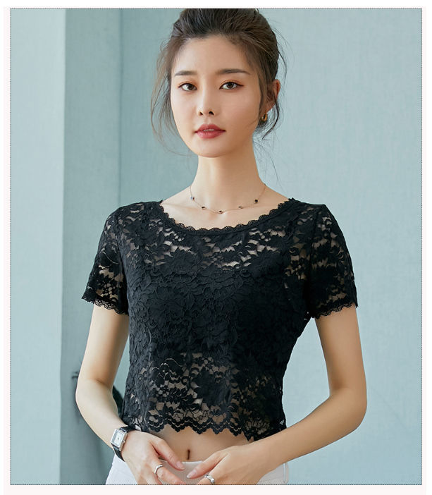 雷丝低领打底衫女蕾丝短款夏季蕾丝打底衫女短款抹胸内搭上衣薄款辣妹