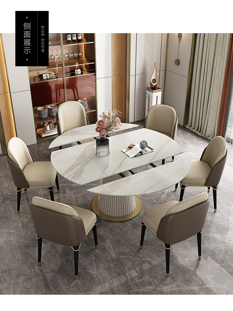 圆桌现代轻奢家用大户型10人餐桌芝华仕品质13075cm亮光岩板伸缩餐桌