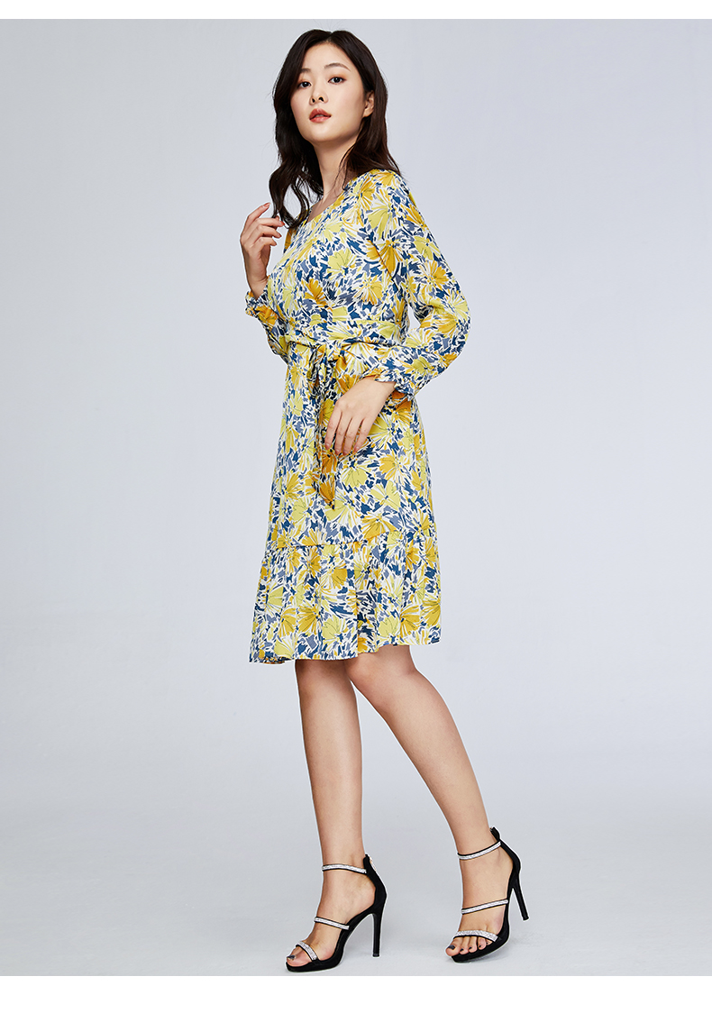 百斯盾女装连衣裙优雅气质2021春季新款休闲淑女长袖舒适女上装黄色m